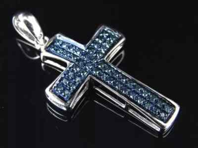 1Ctw Round Cut Lab-Created Blue Sapphire Cross Pendant 14k White Gold Plated 18''