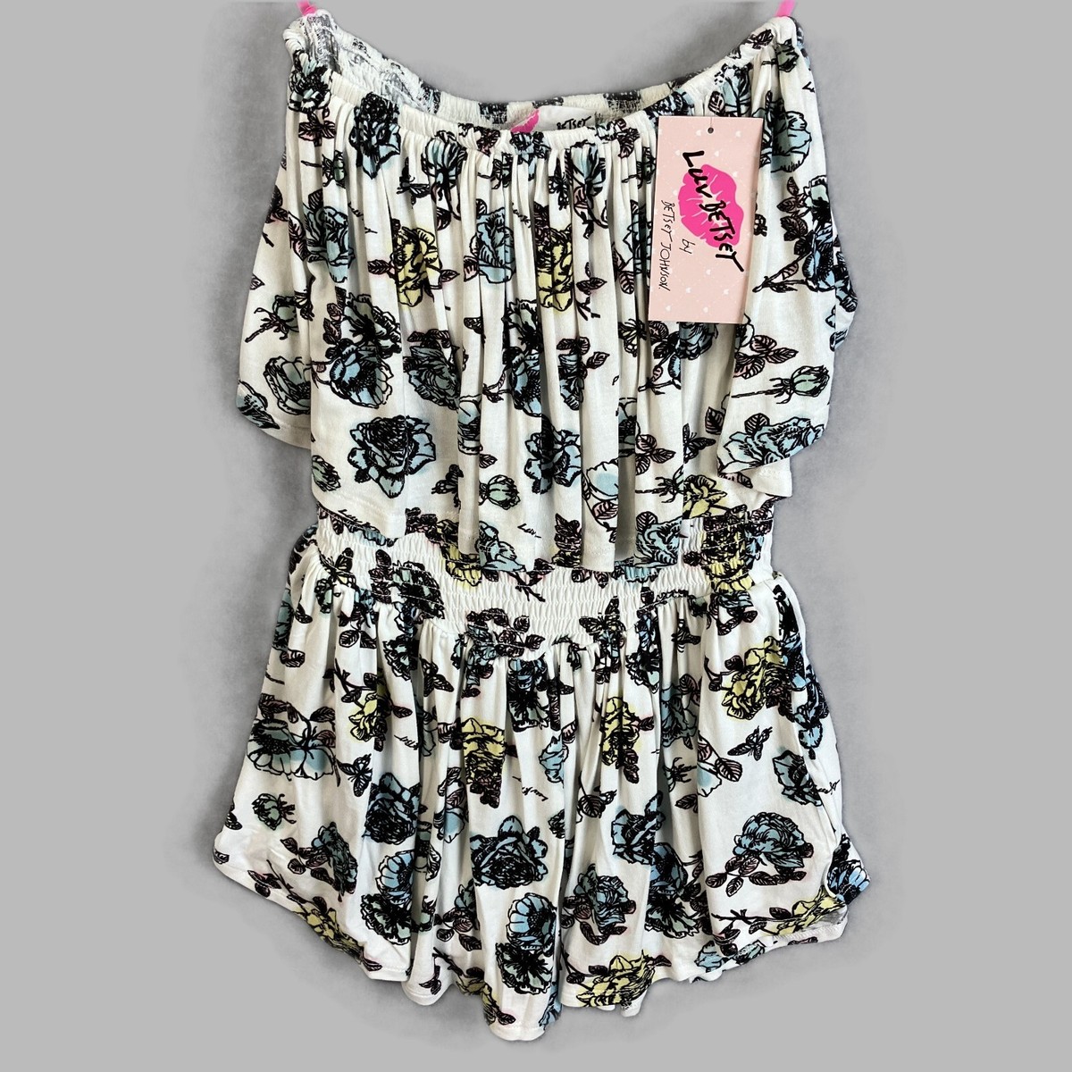 Betsy Johnson Smocked Waist Romper Luv Betsy Size XS Strapless Floral Print  NWT