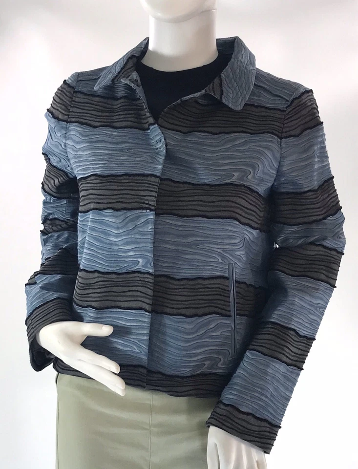 Piazza Sempione Blue & Gray Cotton Textured Waves Boxy Blazer Size S M - Изображение 2 из 4