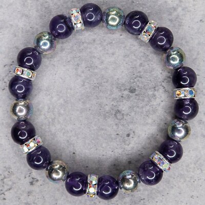 Genuine Amethyst Bracelet, Rainbow Hematite Beads, Rondelle Spacers, 6.75''