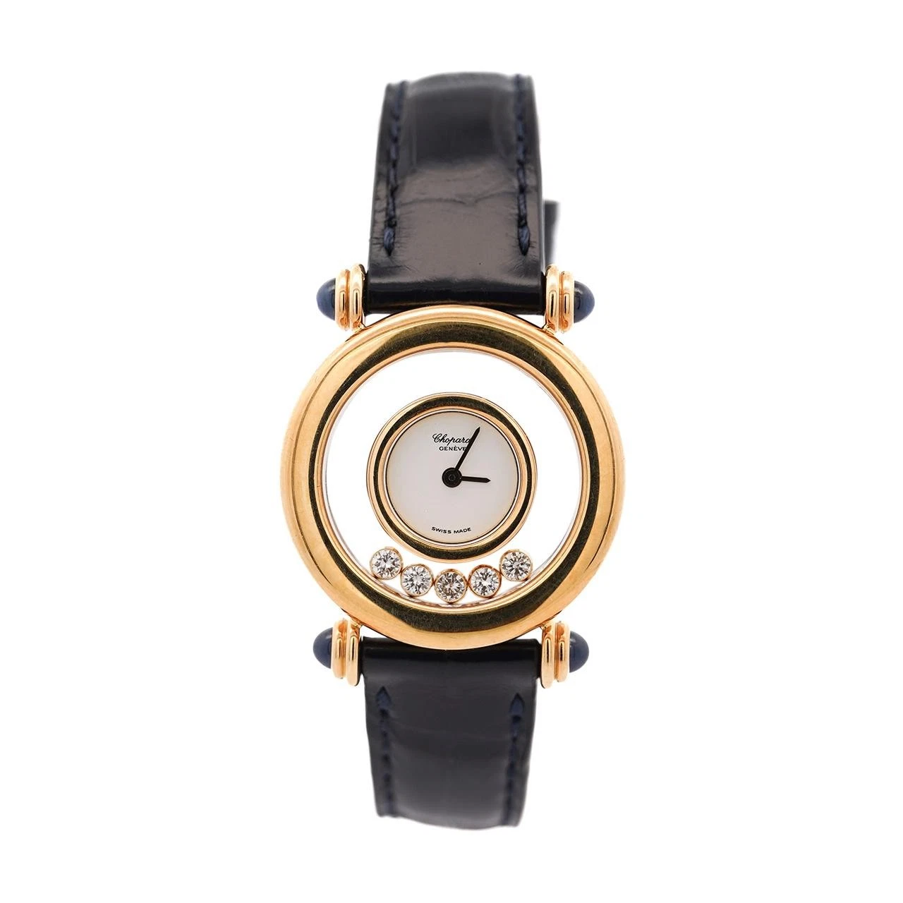 Chopard — Chopard Happy Sport 4116 18K Gold Five Diamond Quartz On Blue Leather Watch
