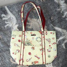 Longaberger Christmas Holiday Print Tote Bag, Zip Closure, Red Handles