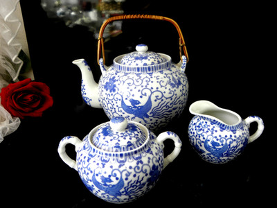 Teekanne + Milch & Zucker Set  Made in China Porzellan Paradiesvogel