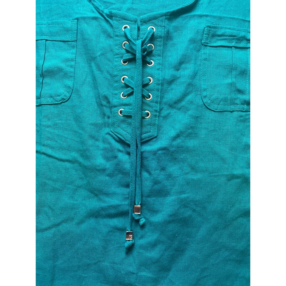 Jaclyn Smith Blouse Womens 2XL Teal Green Linen Rayon Costal Mature Lace Up - Изображение 2 из 4