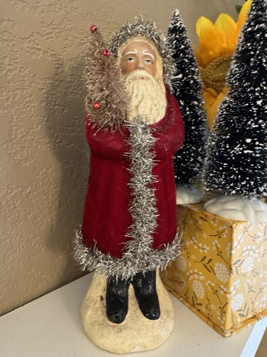 14" Belsnickle Red Santa Claus Tinsel Accents w Bottle Brush Christmas Tree - Picture 4 of 12