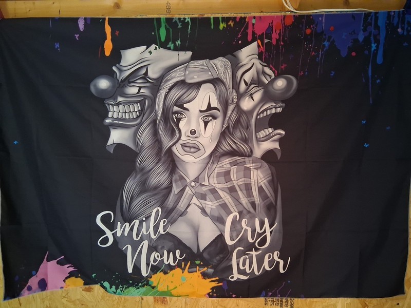 Smile Now Cry Later Clown Girl Graphic Print Wall Tapestry, Black Multicolor