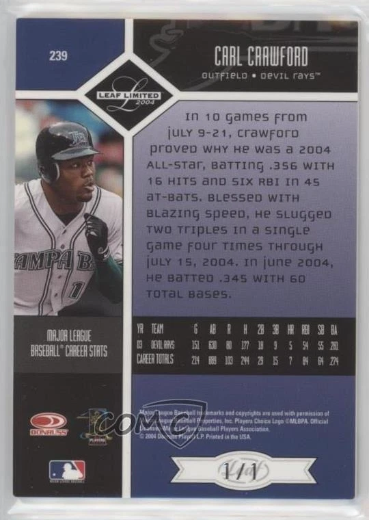 2004 Leaf Limited Monikers Platinum Signatures 1/1 Carl Crawford #239 Auto uk2 - Image 2 of 3