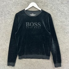 Hugo Boss Pullover Damen Large Schwarz Velour Sweatshirt Spell Out Sweater Samt