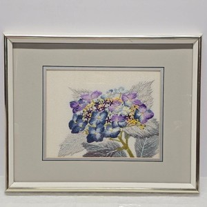 Vintage 90s Handmade Punch Embroidery Hydrangea Flowers Boho Floral Framed Art