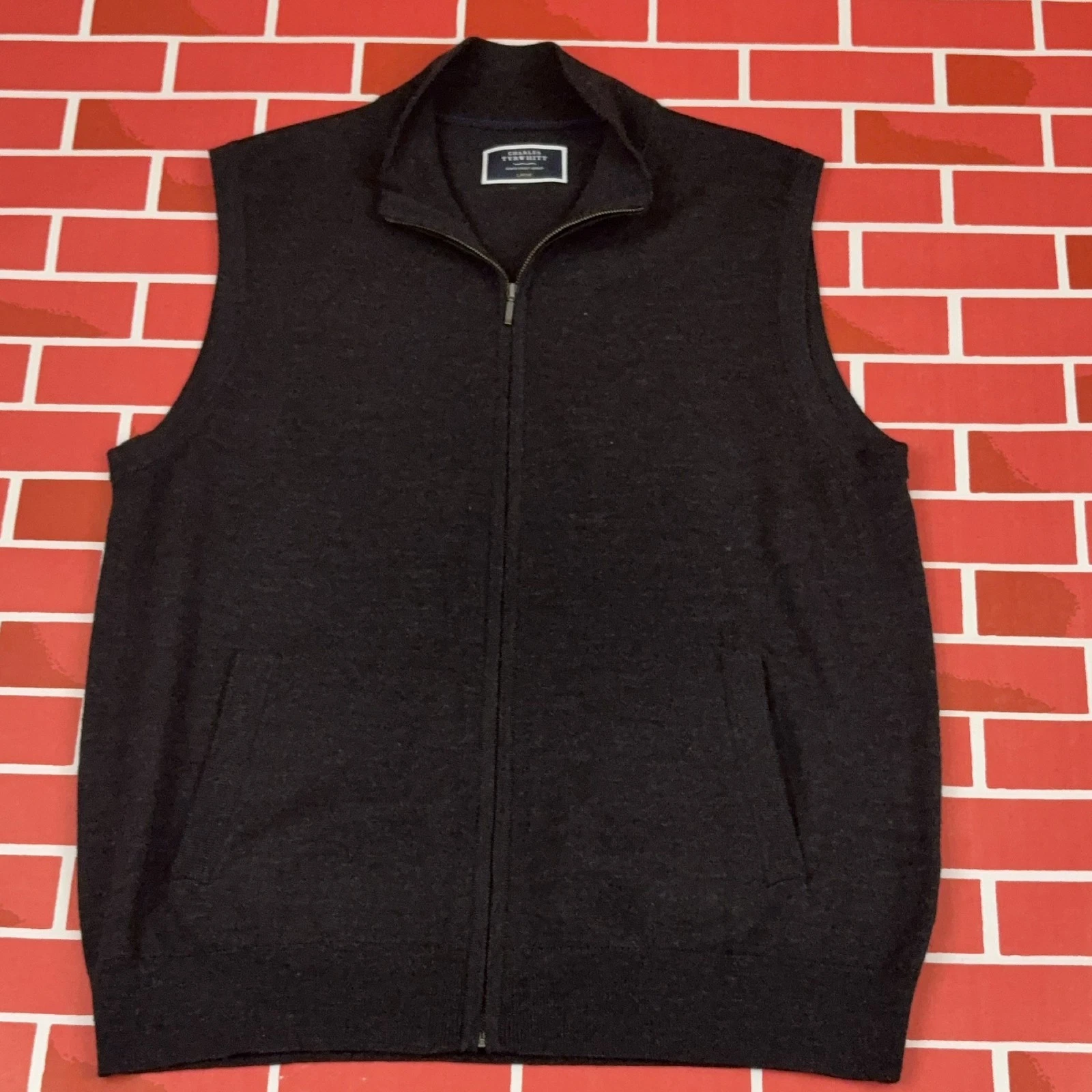 Charles Tyrwhitt Men's Wool Knit Vest Full Zip Dark Grey Size L - product detail image 1
