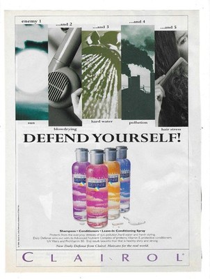 1998 Clairol Daily Defense Shampoos and Conditioners ''Defend Yourself'' Print Ad