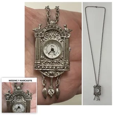 FABERGÉ Silver Tone Marcasite Cuckoo Clock Quartz Watch Pendant Necklace 28”Long