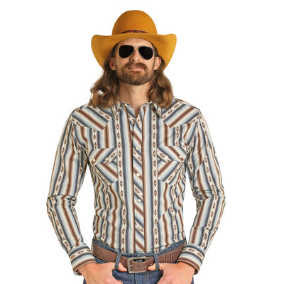 Rock & Roll Cowboy Men's Dark Brown Serape Stripe Snap Shirt BMN2S08306