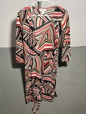 LOFT Ann Taylor Women's Size 2 Geometric Wrap Dress Red Black Brown White Tie