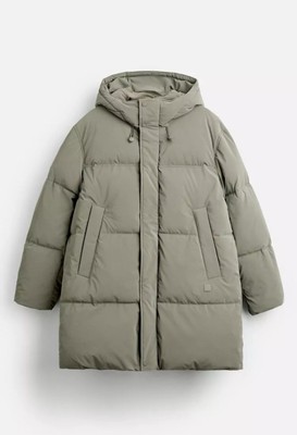 Zara Man Men's Size M Long Puffer Coat Jacket Parka Grey Green UK