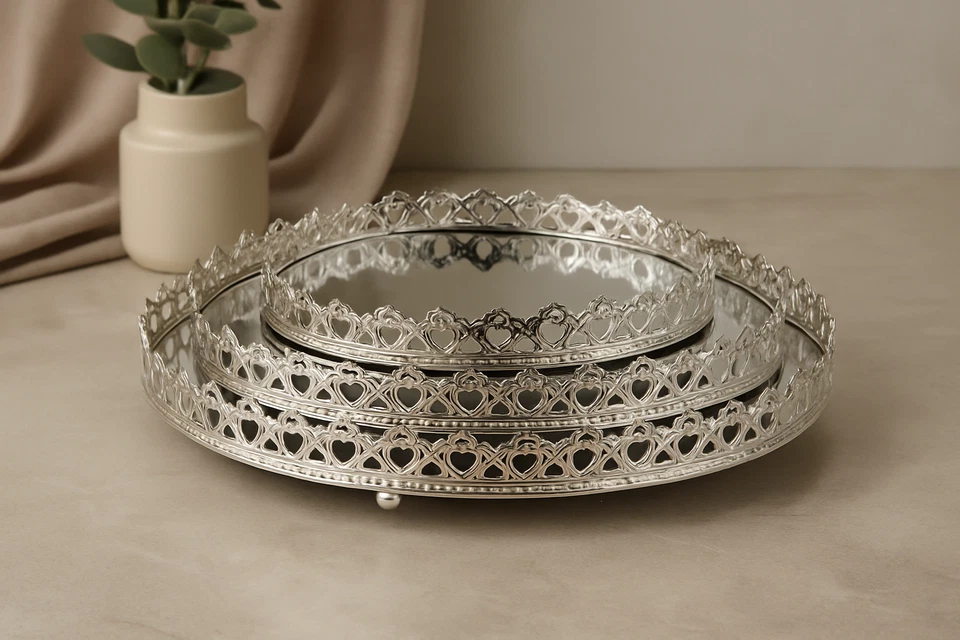 Spiegeltablett, Tablett, Dekotablett, Make up Organizer Kerzentablett Silber - Bild 3 von 4