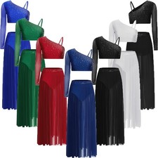 Womens Set Mesh Outfit Performance Dancewear Shiny Dress Show Lyrical Hem Jazz