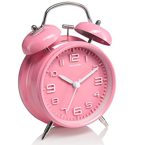 Peakeep 4 inches Twin Bell Pink Alarm Clock, Battery Operate