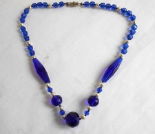 Vintage Cobalt Blue Faceted Glass Bead Necklace 16.5"