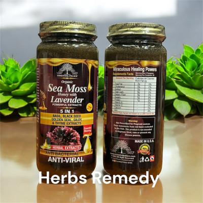 Organic Sea Moss Honey With Lavender 5 In 1  By Essential Palace 16 oz Glass Bot