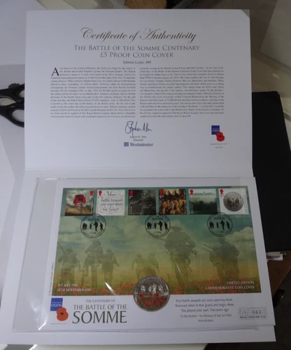 Westminster BU Guernsey £5 coin  Battle of the Somme First Day Cover 2015 ltd ed