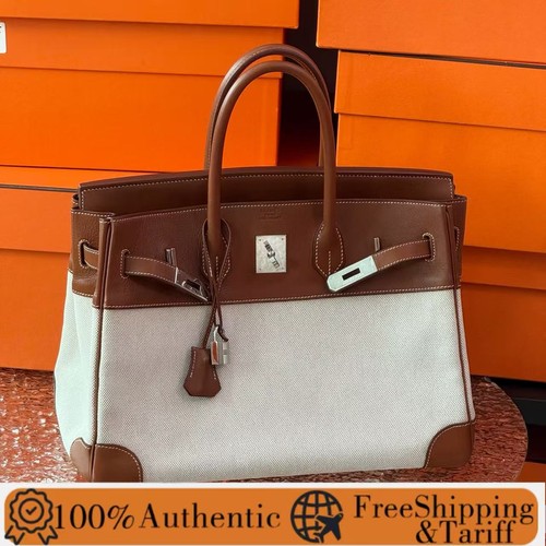 AUTH Hermes Birkin35 Toile H Canvas & Barenia Palladium Hardware Handbag