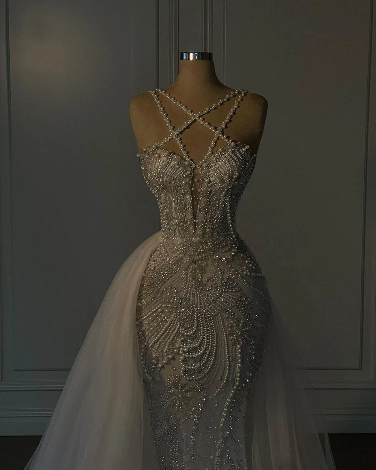 Mermaid Wedding Dresses Bridal Gown Rhinestone Beading Pearls Lace Sleeveless - Image 3 of 4