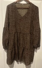 Dress V Neck Women’s Long Sleeve Polka Ruffle Loose Brown And White Lightweight