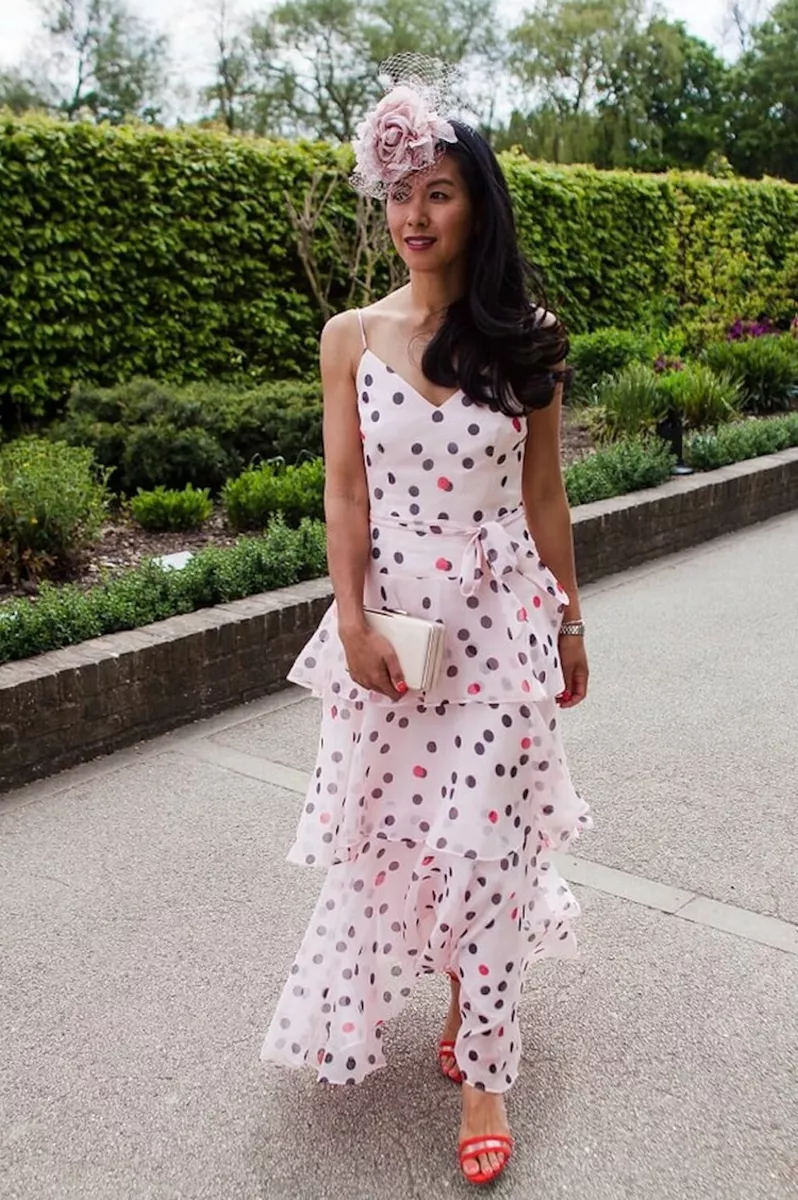 550 Karen Millen Pink Multi Color Polka Dot Tiered Maxi Dress 8 M3020