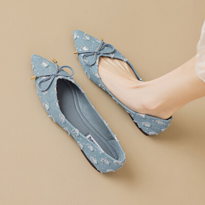 Female Bow Knot Soft Sole Pointed Flat Shoes Summer Sequins Denim Women's  Shoes