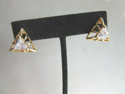 Gold tone Cubic Zirconia Triangle shaped pierced earrings