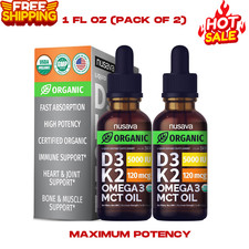 2 Pack Organic Vitamin D3 K2 Drops 5000 IU of Vitamin D, MCT Oil Omega 3, 1 Oz