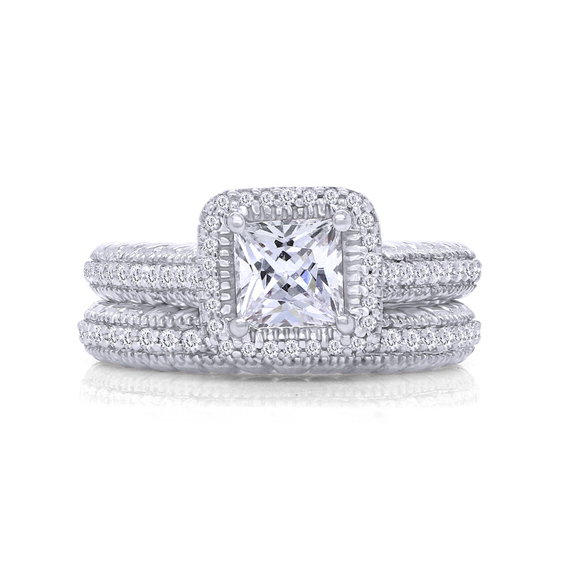 Halo Engagement Ring Set Princess & Round Cut Cubic Zirconia 925 Sterling Silver-image
