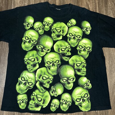 Vintage 90s Green Skull Pile Grunge Goth Travis Scott Black T