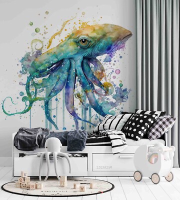 3D Ocean Life Octopus Watercolor Self-adhesive Removable Wallpaper Murals