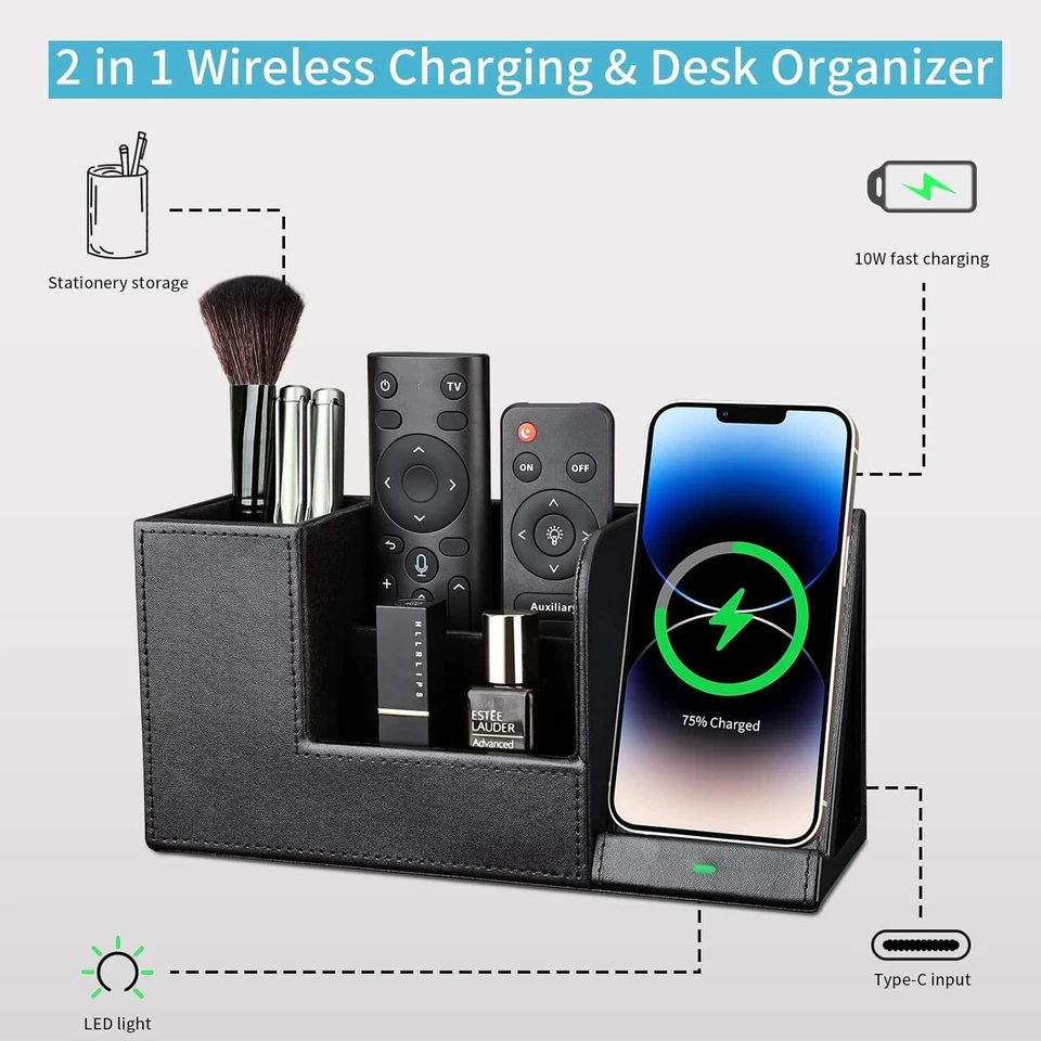 KINGFOM Leather Desk Organizer Charging Station for I-phone/Samsung Galaxy - Image 4 of 4