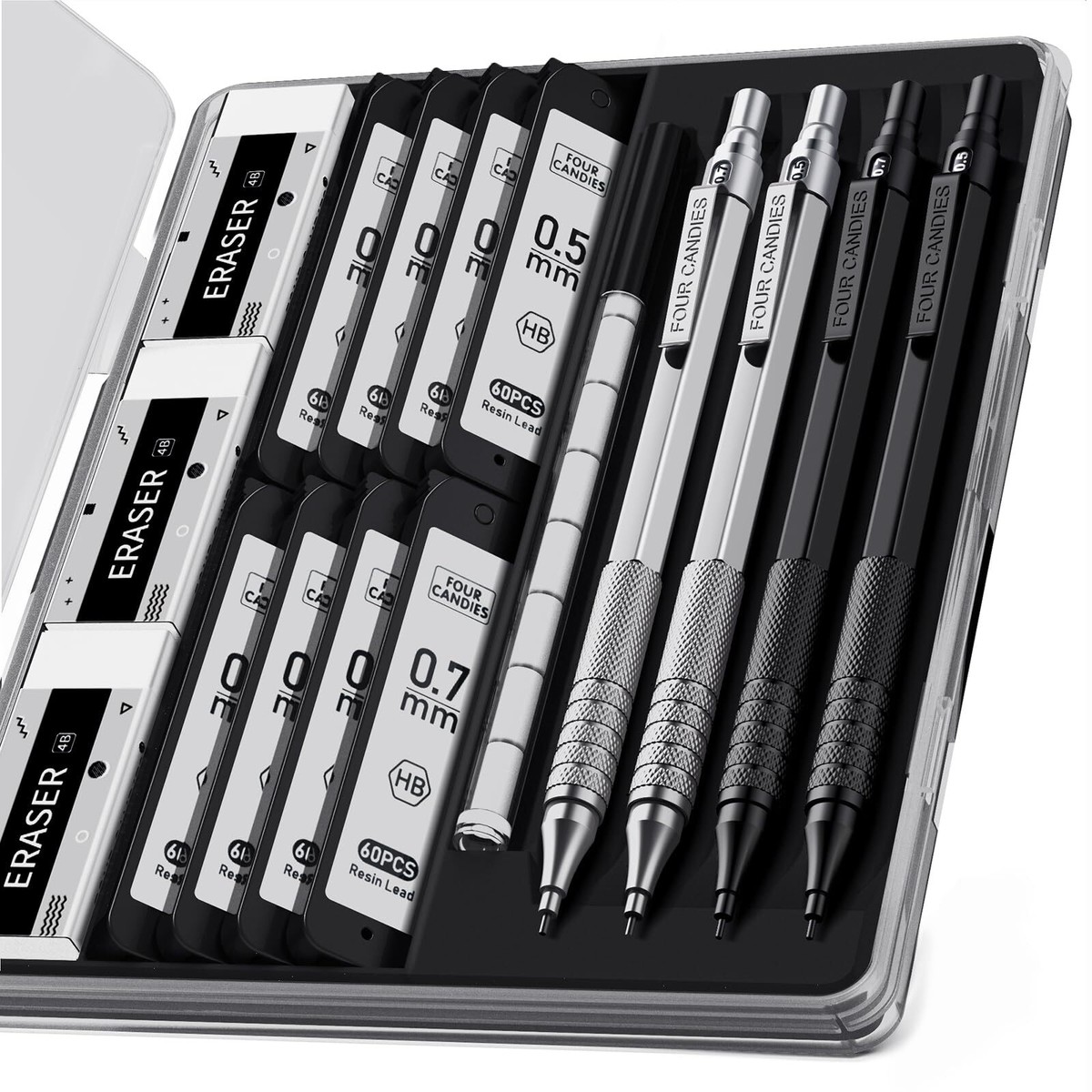 Four Candies 4PCS Metal Mechanical Pencils Set with Case 0.5mm