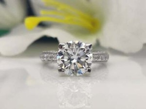 Authentic 3Ct Round Colorless Moissanite Four Prong Engagement Ring 14K White Gold Plated