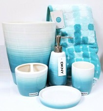 DKNY 6 PC SET WHITE,TEAL BLUE OMBRE SOAP DISPENSER,TRASH CAN,TOWEL,DISH,TUMBLER+