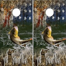 Bass Buck Hunting American Flag Cornhole Wrap Bag Toss Skin Decal Sticker