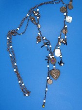 VICTORIAN STYLE IRON DANGLE NECKLACE with HEART SHAPE LOCKET  SHELL  BEADS