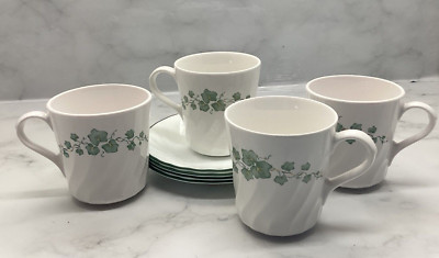 Corning Corelle Green Callaway Ivy Swirl Cup and Saucer 4 sets made in USA -