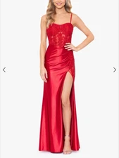 Blondie Nites Red Corset Satin Dress High Slit Long Size 7 Embellished HOCO Prom