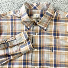 Johnnie O Hangin Out Shirt Mens XL Tan Blue Plaid Button Down Stretch Casual