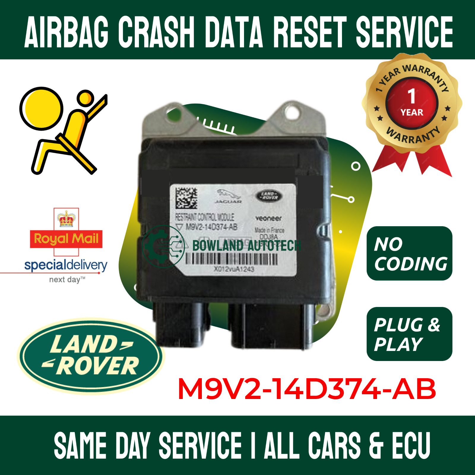LAND ROVER M9V2-14D374-AB Airbag ECU Crash Data Reset Service –SRS Module Repair