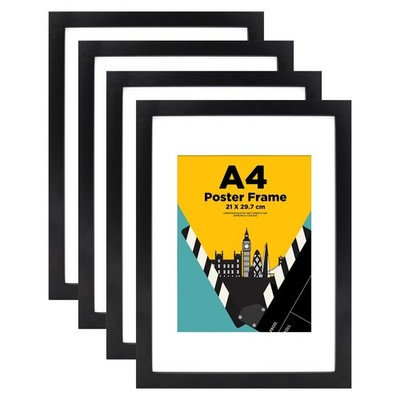 EGOFINE A4 Schwarz Bilderrahmen 4er Set Massivholz Fotorahmen mit A5 Passepartout