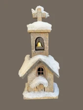 Rustic Wooden Christmas Church Decor w/ Bell | Primitive Snowy Chapel, Farmhouse