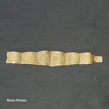 VTG Aztec Mayan Calender Warrior Eagle Panel Hinged Bracelet Gold Tone Mexico 