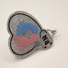 RN Nurse Badge Reel Silver Glitter Heart w/ Pink  Blue Baby Footprints