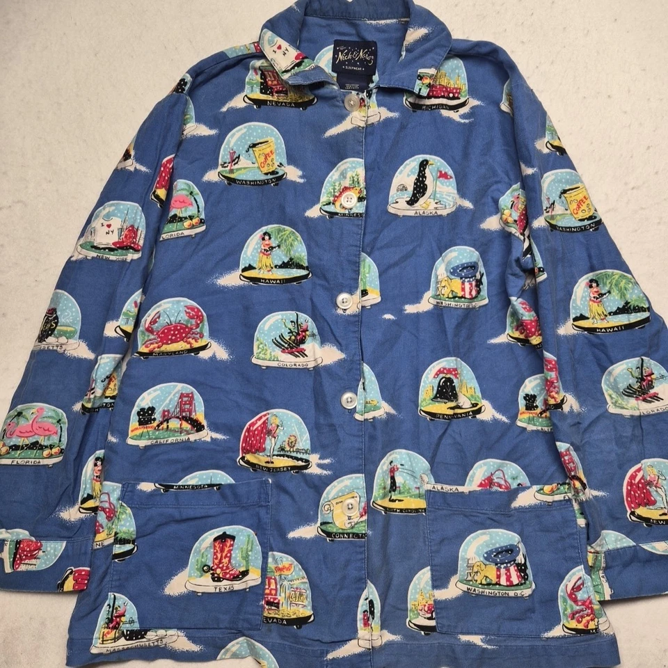De Colección Nick Nora Conjunto de Pijama de Franela Suave Estados Unidos Globo de Nieve Azul Camisa Pantalones L Foto 2 de 4